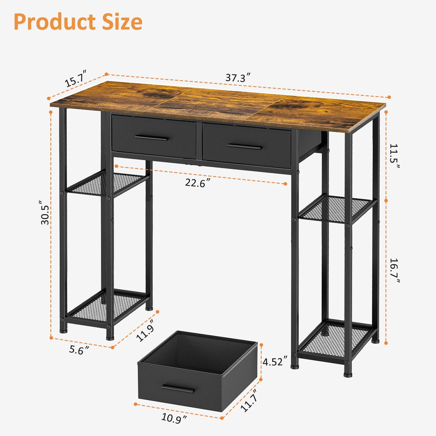 DAOUTIME Computer Desk with Drawers, 37.3 Inch Home Office Work Desk with Storage Shelf, Kids Teens Study Table for Small Space, Small Writing PC Table for Bedroom Makeup Vanity Desk, Brown
