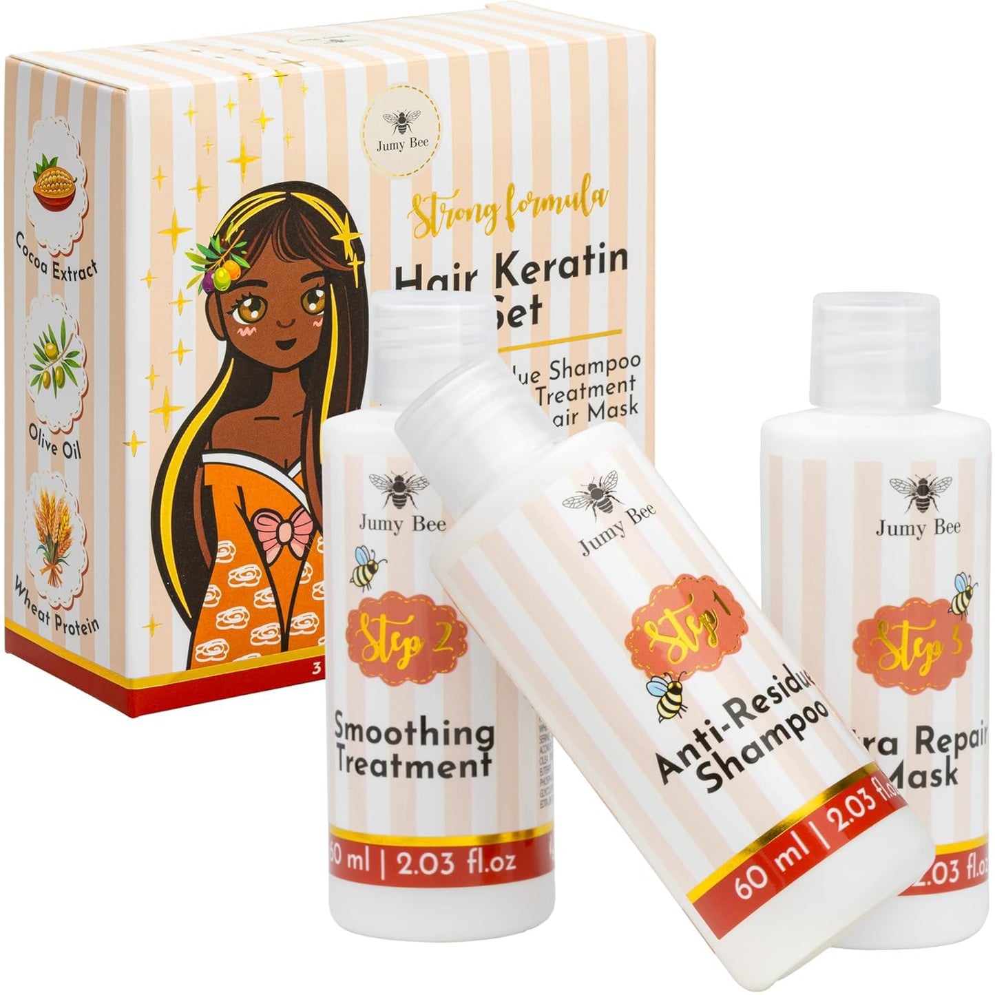 Keratin Hair Treatment Set 2.03 Fl Oz JUMY BEE – At-Home Keratin Hair Mask Treatment with Shampoo, Conditioner – Shea, Acai – Formaldehyde-Free, Frizz Control, All Hair Types