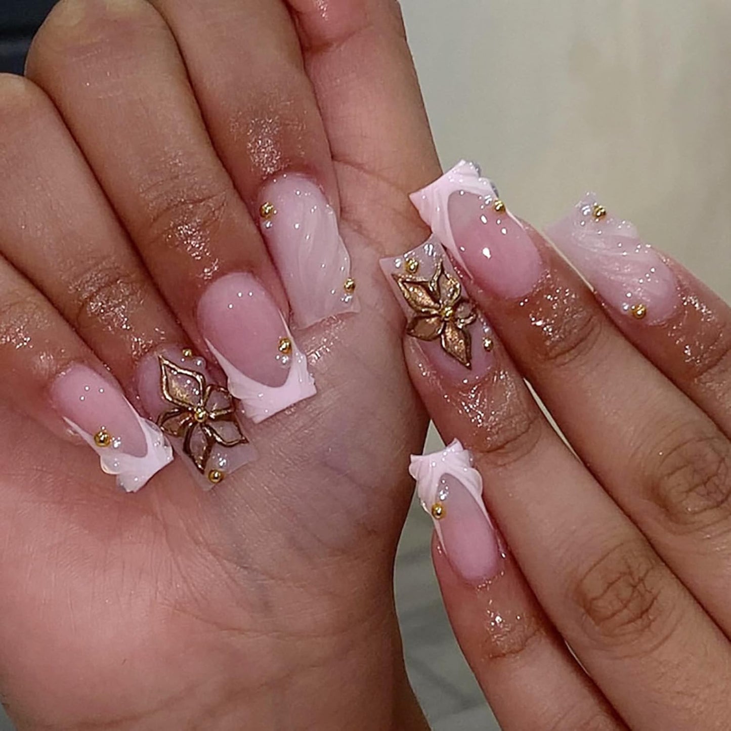 Press-On Nails - 24Pcs Pink Floral Almond Fake Nails with 3D Butterfly Designs | Medium Length, Full Cover