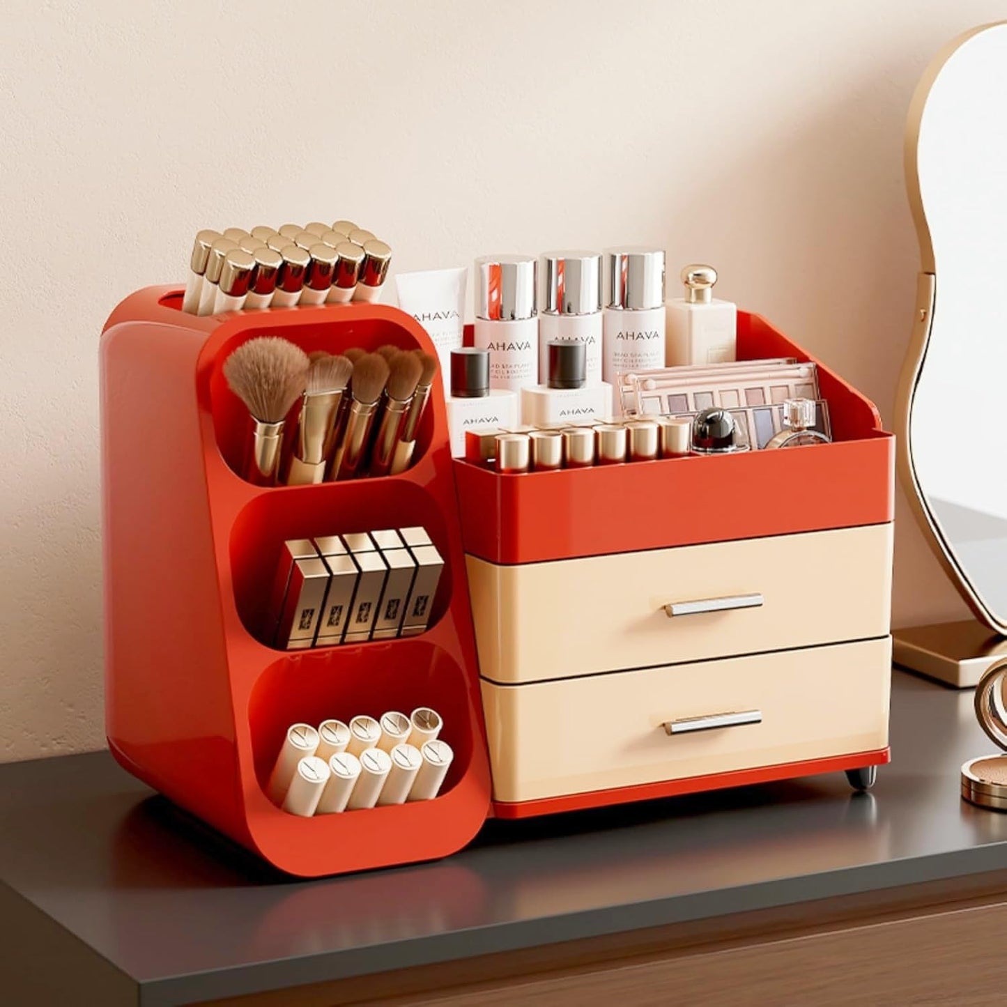 KQJS Makeup Organizer with Drawers,Large Capacity Countertop Organizer for Vanity,Bathroom and Bedroom Desk Cosmetics Organizer,Easy To Storage Skincare,Brushes,Lotions (Red and Cream)