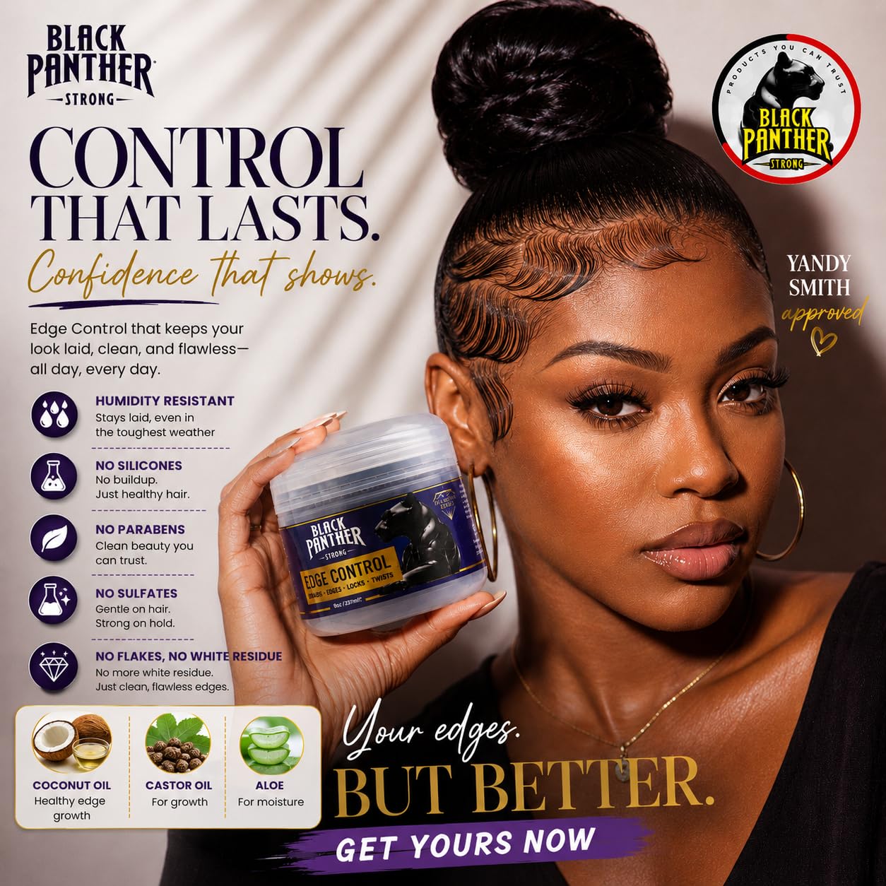 Black Panther Edge Control - Humidity Resistant Strong Hold for 4C Hair | With Castor Oil, Coconut Oil & Aloe, 4 oz