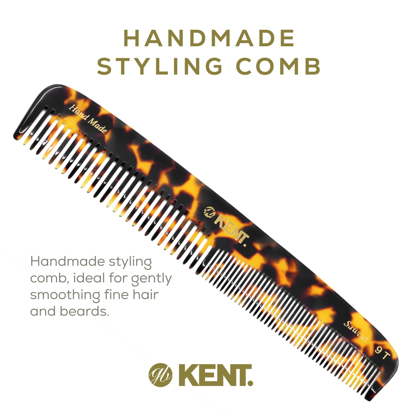 KENT 9T Fine Tooth & Wide Tooth Comb Detangler - Large Handmade Saw-Cut Dressing Comb - Wet/Dry Hair Comb for Women & Men, Made in England (Yellow Tokyo), 1 Count