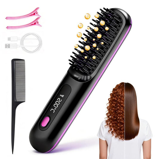 Go Brush Pro Cordless Hair Straightener Brush, Portable Straightener Brushs for Travel, Fast Heating Cordless Mini Hair Brushs with LED Display, 3 Adjustable Temperatures for All Hair Types, Purple