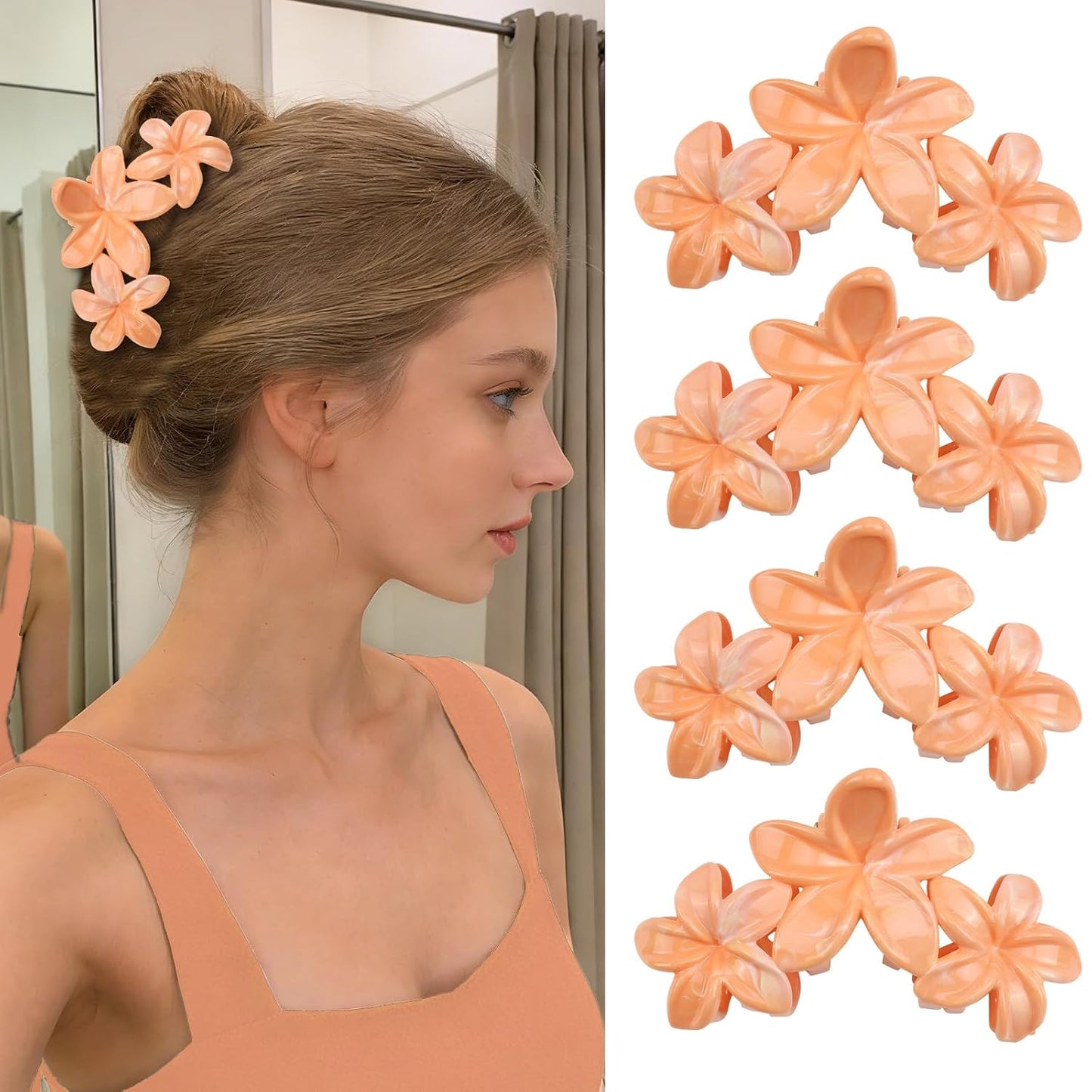 Cute Hawaiian Flower Claw Hair Clips - 4Pcs Large Clips for Thick or Thin Hair | Pink & Red Beach Accessories