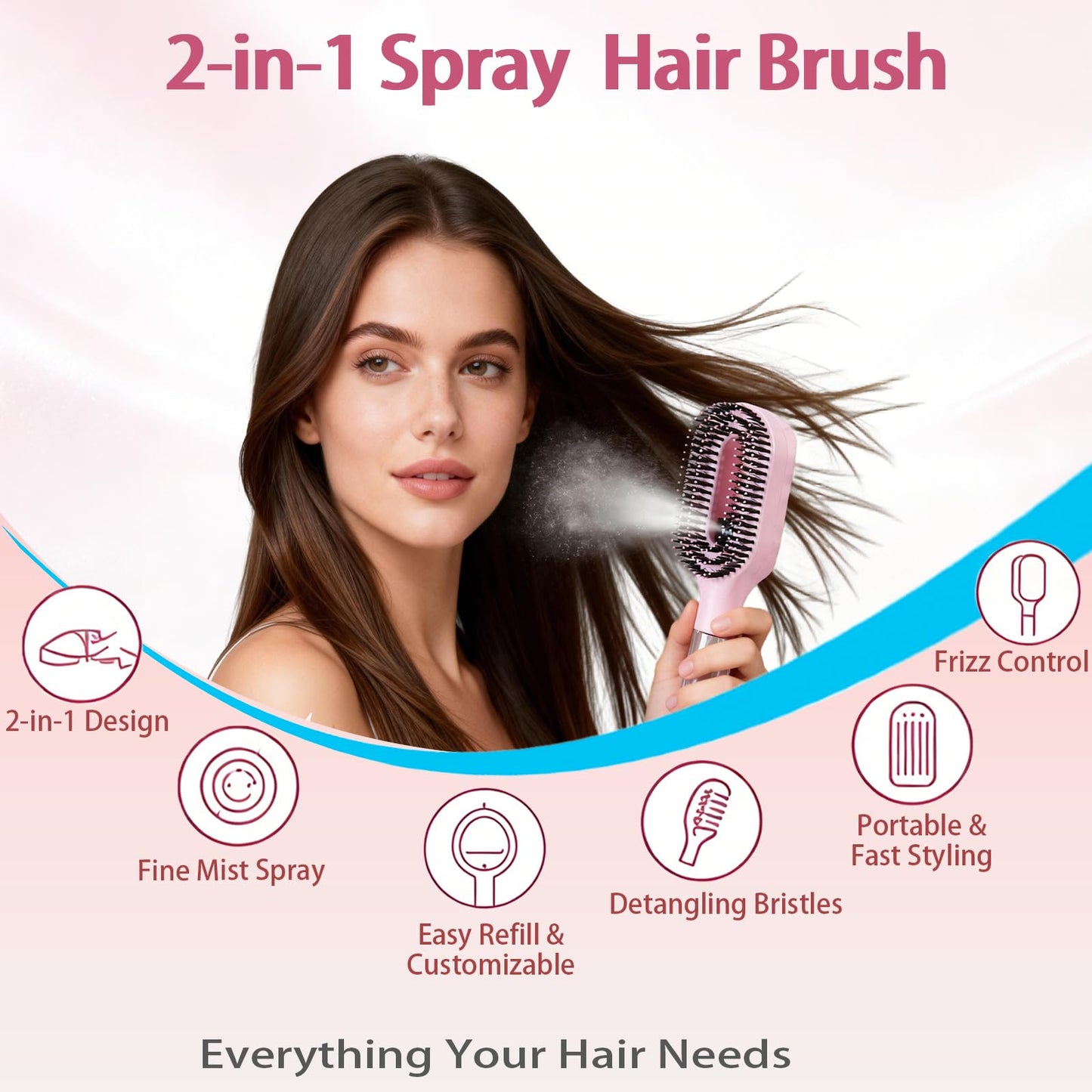 Hair Brush with Water Spray, 2-in-1 Detangling Tool for Frizz Control, Works on Wet & Dry Strands, Portable Mist Comb for Thick, Curly & Fine Textures(2pcs pink)