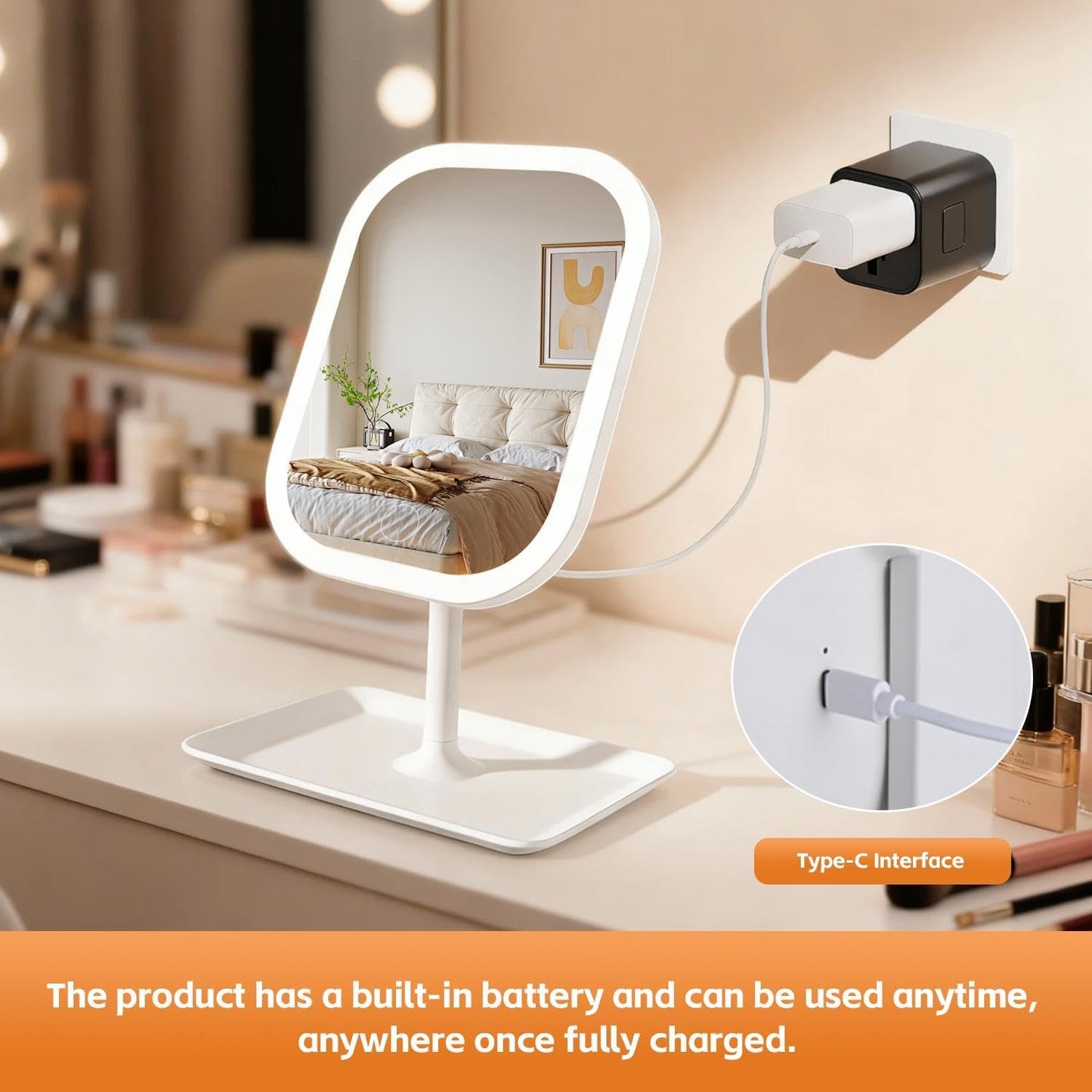 LED Makeup Mirror with Touch-Sensitive Controls - 270° Rotation, 3 Light Colors | Portable & Rechargeable