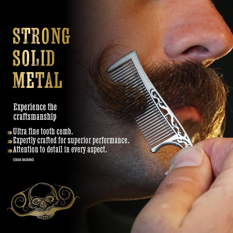 Defender Mustache Balm 1 oz Tin & Necklace Death Grip Mustache Comb Mens Combo Kit - Grooming For Men Handlebar Moustache