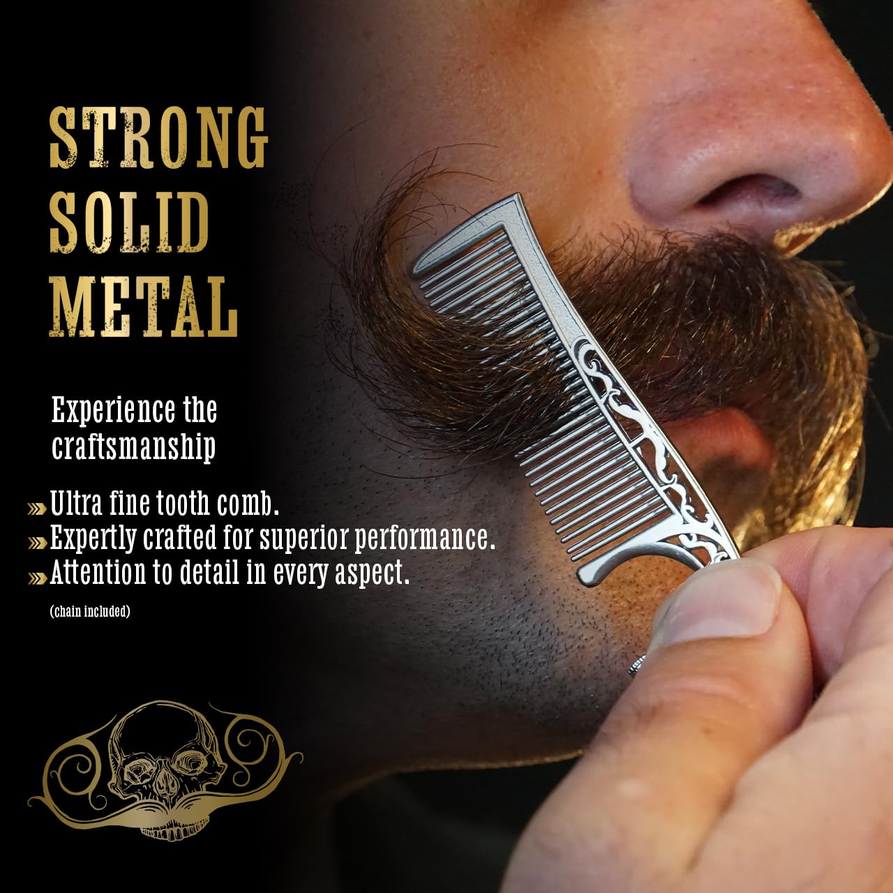 Mustache Comb On Stainless Steel Metal Chain Necklace – Dual-Sided Comb for Men, Fine & Wide Teeth for Precise Moustache Styling – Durable, Compact, Travel-Friendly Grooming Tool for Facial Hair Care