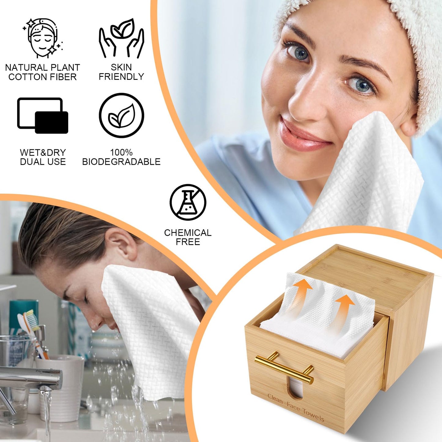 BSSN Face Towel Holder Bamboo Disposable Clean Towels Holder with Cotton Swab Box and 60ct Towels, Wall Mounted & Countertop Skincare Organizer, Bathroom Vanity Storage for Face Tissues & Makeup Pads