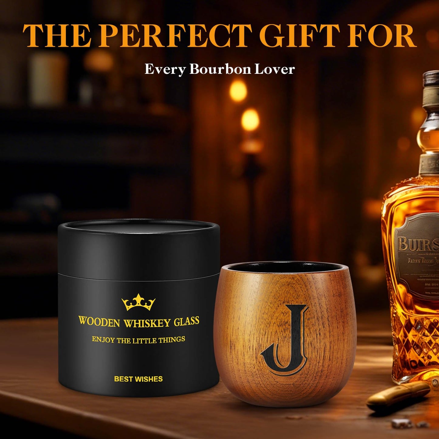 Fathers Day Birthday Gifts for Husband Dad Grandpa, Personalized Gifts for Men, Initial Charred Wooden Bourbon Drinking Glass & Whiskey Glasses Gift, Birthday Gift for Men Dad Husband Brother Him (J)