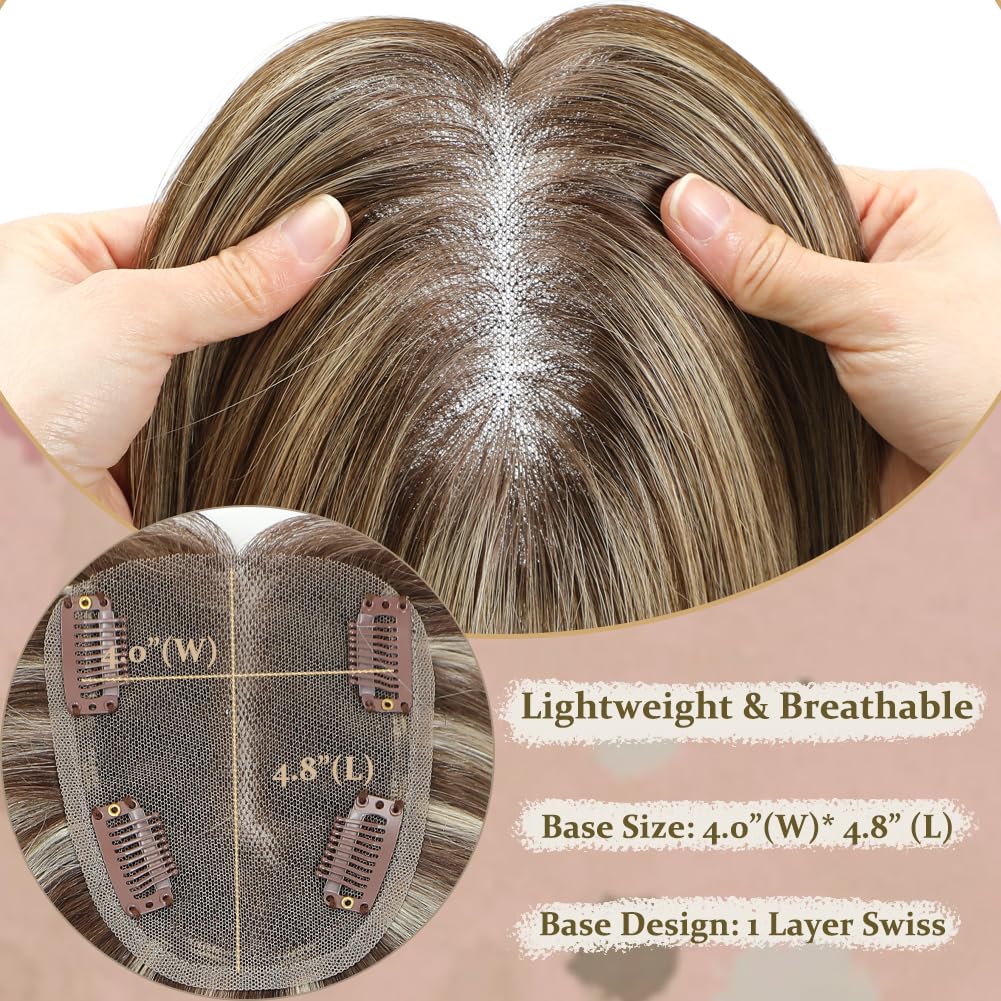 Human Hair Toppers for Women - Medium Brown with Warm Blonde Highlights | 10cm x 12cm