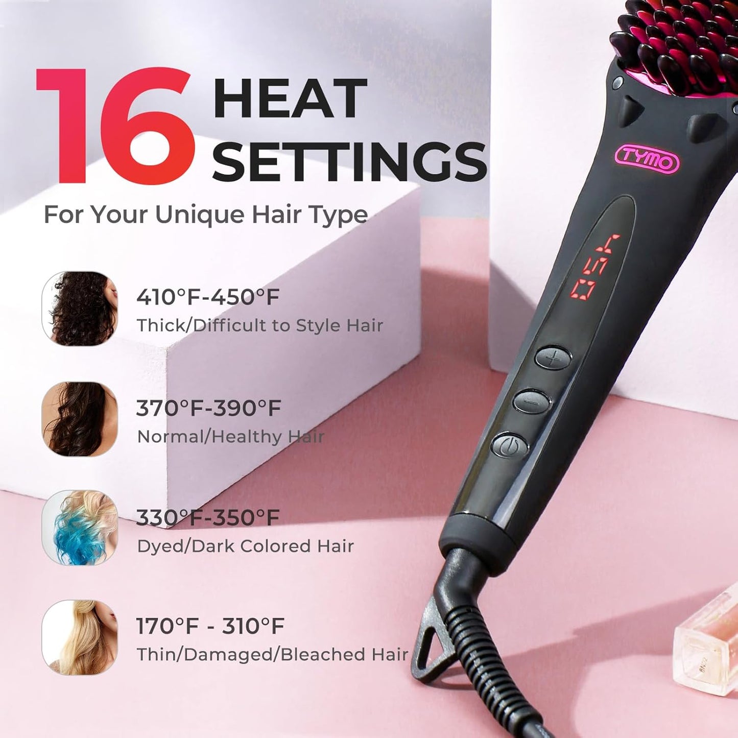 Tymo Ionic Hair Straightener Brush - One-Step Frizz-Free Styling, 16 Temp Settings, LCD Display | Dual Voltage Hot Comb