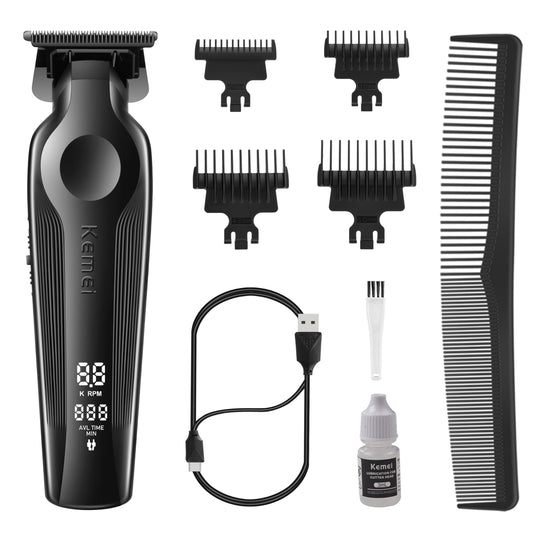 KEMEI Hair Trimmer for Men, Zero Gapped Cordless Hair Clippers Beard Trimmers with T Blade, Rechargeable Barber Clipper with LED Display, Black