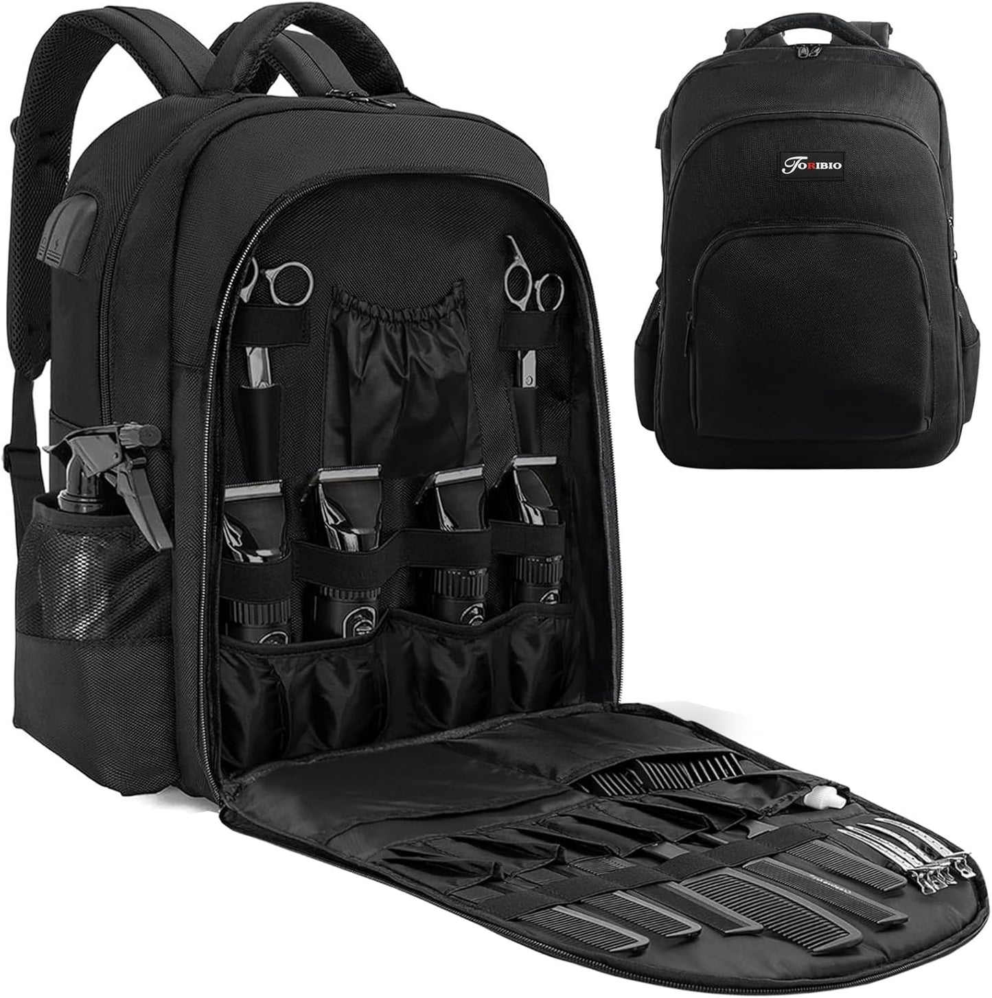 Barber Supplies Bag - Portable Backpack for Clippers & Tools with USB Port | Black