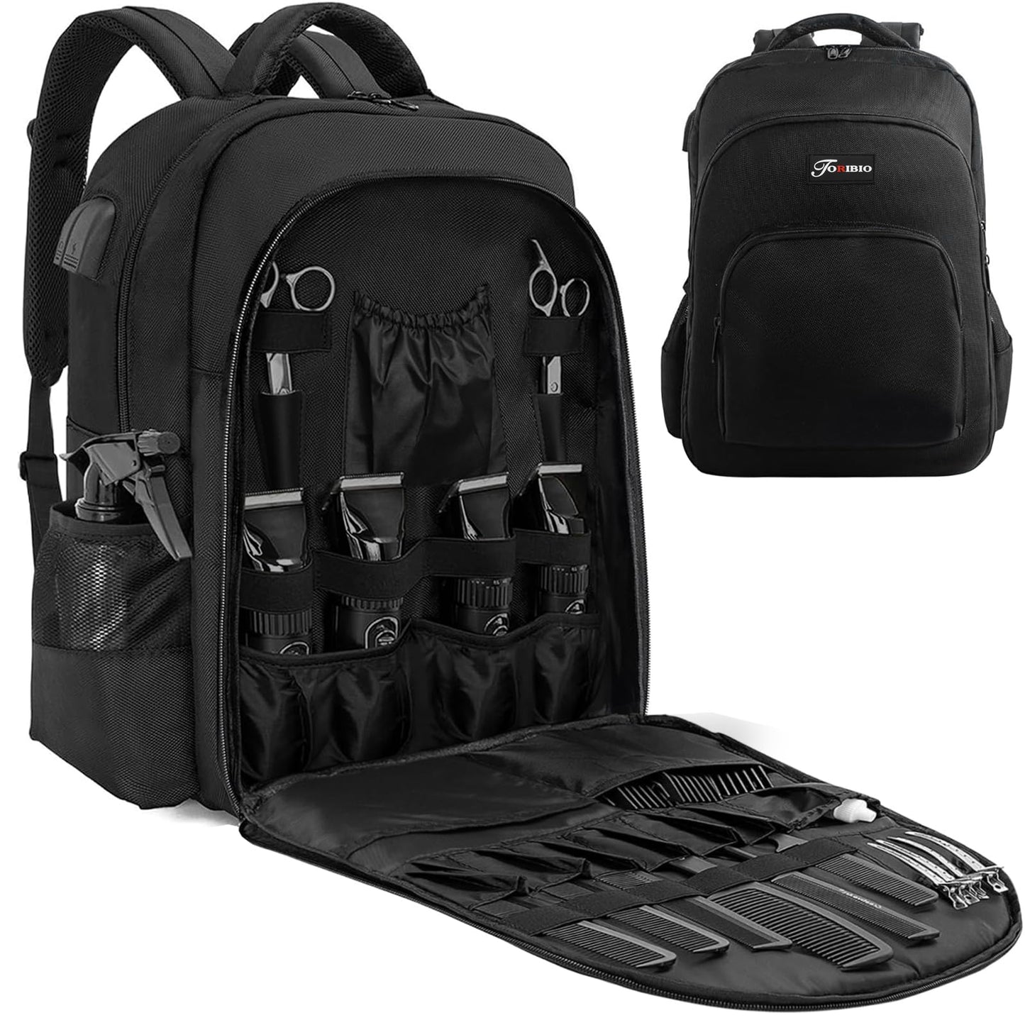 TORIBIO Barber Supplies Bag for Clippers and Supplies, Hairstylist Clipper Portable Backpack for Barber Tools with USB Port (Black)