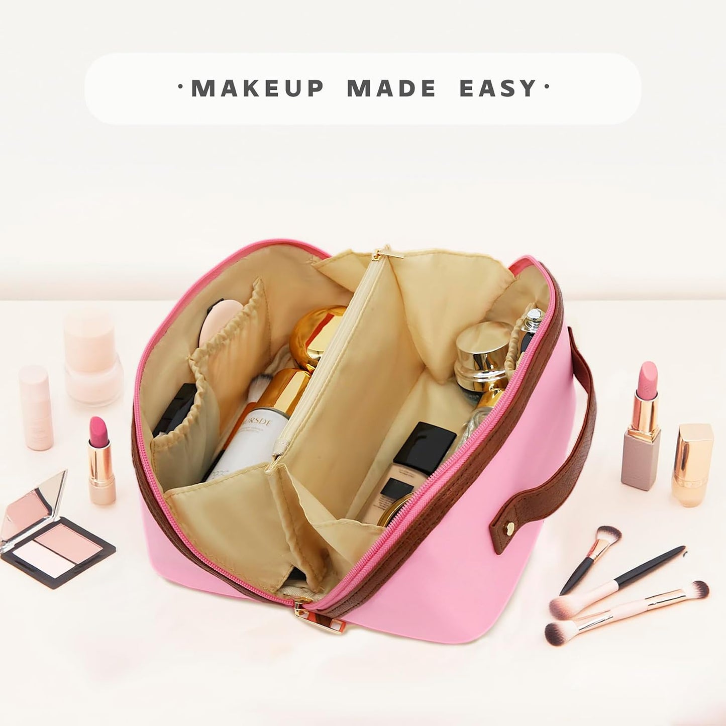 Travel Makeup Bag - Large Waterproof Cosmetic Organizer with Double Zipper | Pink Toiletry Pouch for Women