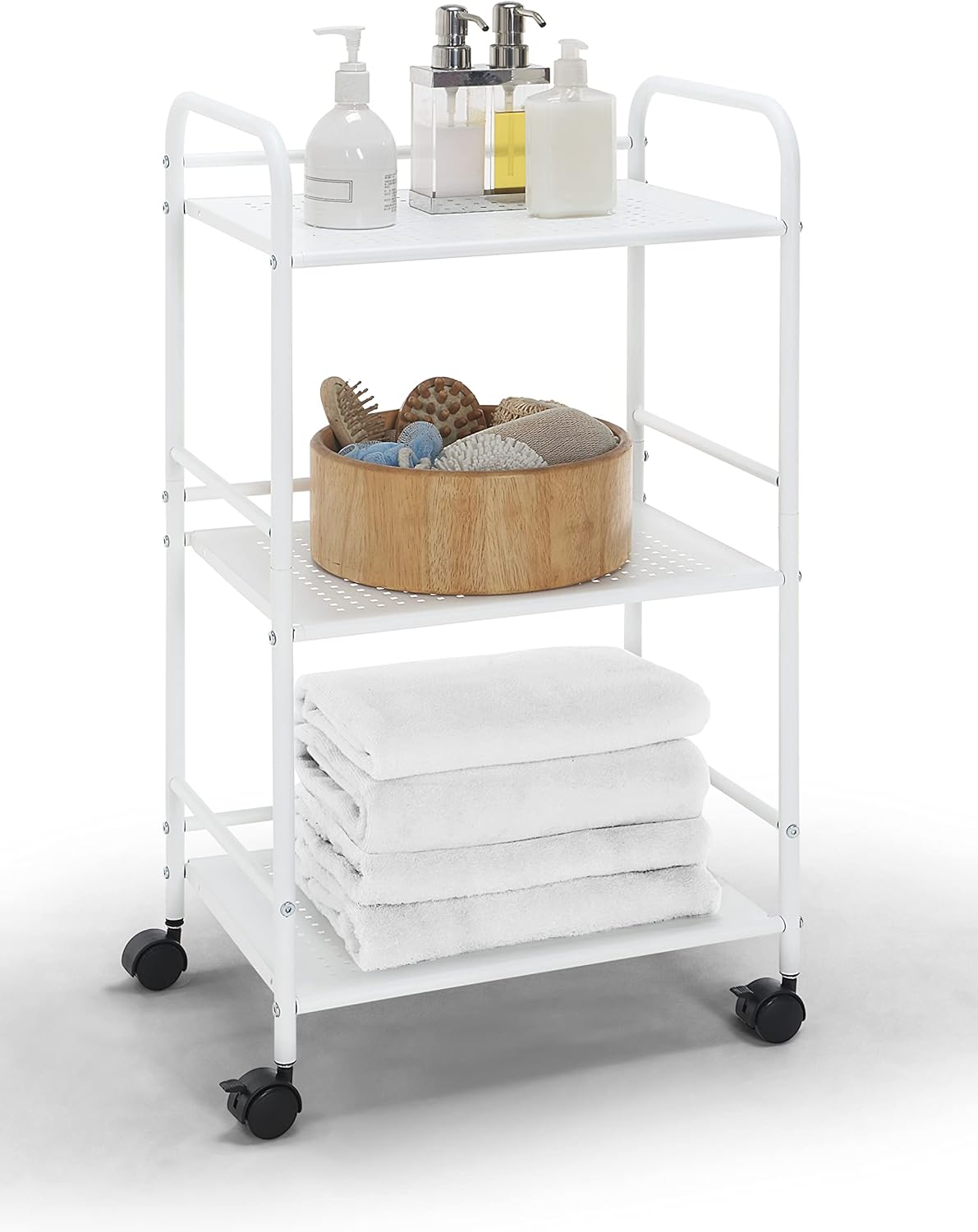 SunnyPoint 3-Tier Rolling Utility Cart - Metal Storage Organizer with Wheels | Mobile Kitchen & Office Organizer, White, 12"D x 16.92"W x 31.1"H