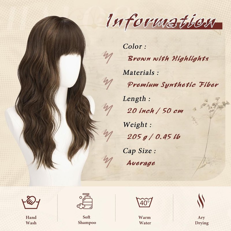 Brown Wigs with Bangs - 20 Inch Soft Wavy Synthetic Heat Resistant Hair Wig for Women | Natural Look, Brown with Highlights
