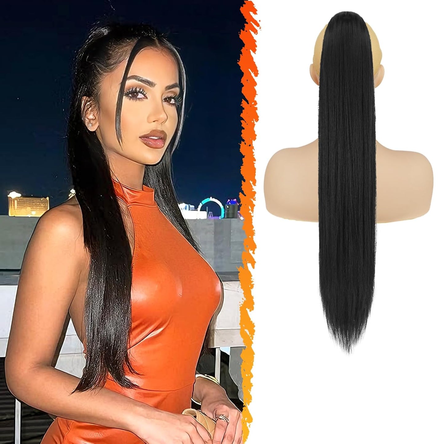 Long Straight Ponytail Extension - 26 Inch Brown Synthetic Clip-In Hairpiece for Women | Light Brown Mixed