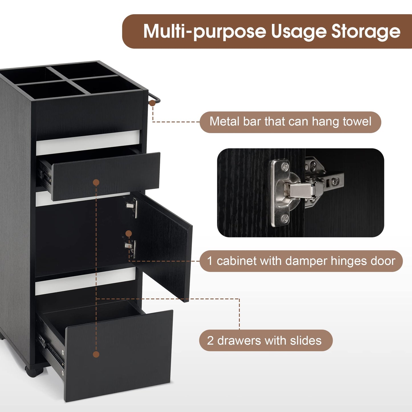 BarberPub Salon Trolley with Drawers Barber Cart Storage Cabinet Beauty Organizer Spa Equipment 2039 (Black)