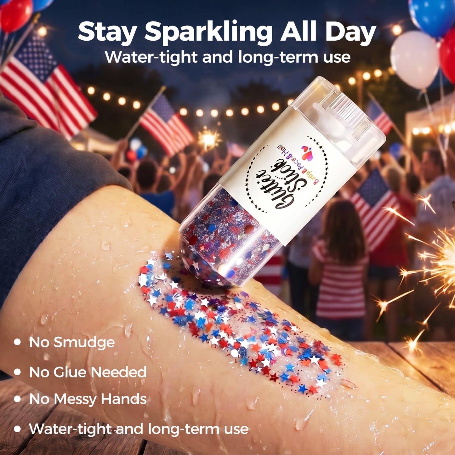 4th of July Patriotic Body Glitter Stick, Red White Blue Face Glitter Stick, Waterproof Festival Fourth of July Glitter for Body Hair Face, Patriotic Glitter for 4th of July Decorations (C)