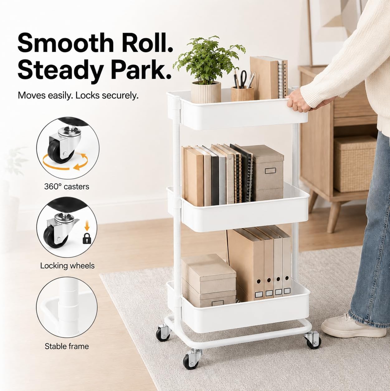 Utility Rolling Cart - Heavy Duty Metal Storage Organizer with Wheels | Portable 3-Tier Shelving Unit for Office, Bathroom, Kitchen (White)