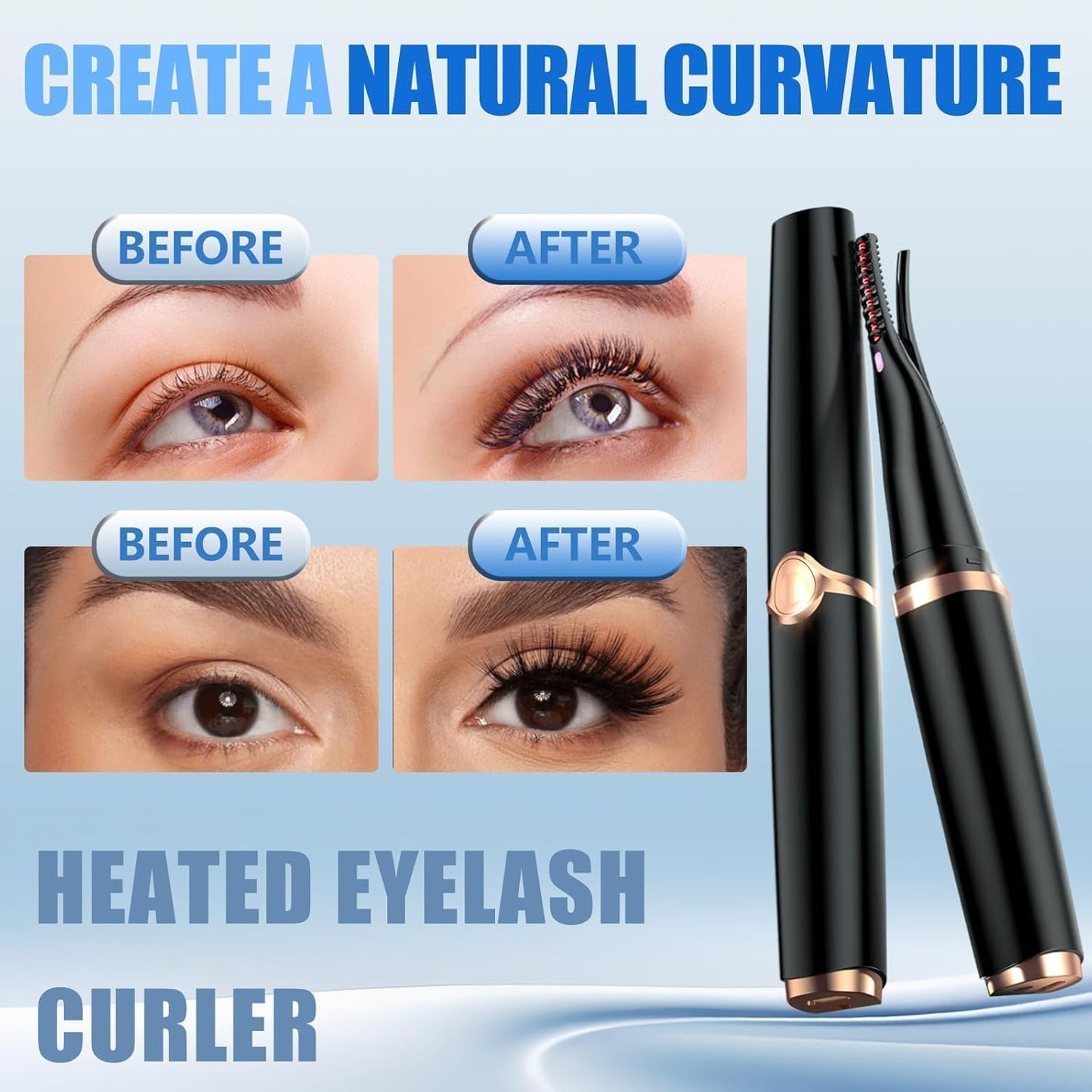 Heated Eyelash Curler - USB Rechargeable 2-in-1 Design | 3 Temperature Modes, 24H Long-Lasting Curl, Black
