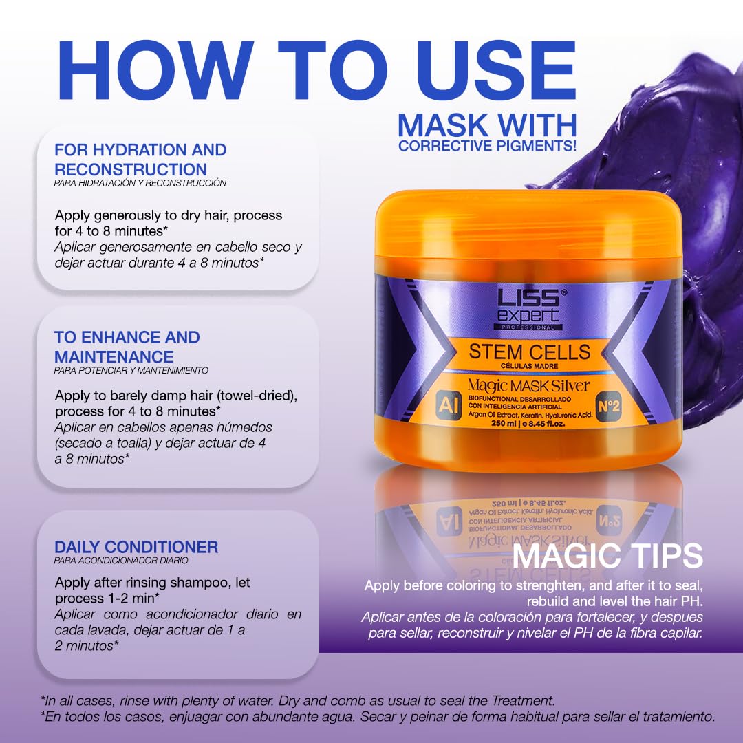 Liss Expert Purple Magic Hair Mask - Deep Conditioning Argan Oil & Keratin | Hydration & Frizz Control for All Hair Types | 250 ml / 8.45 fl oz