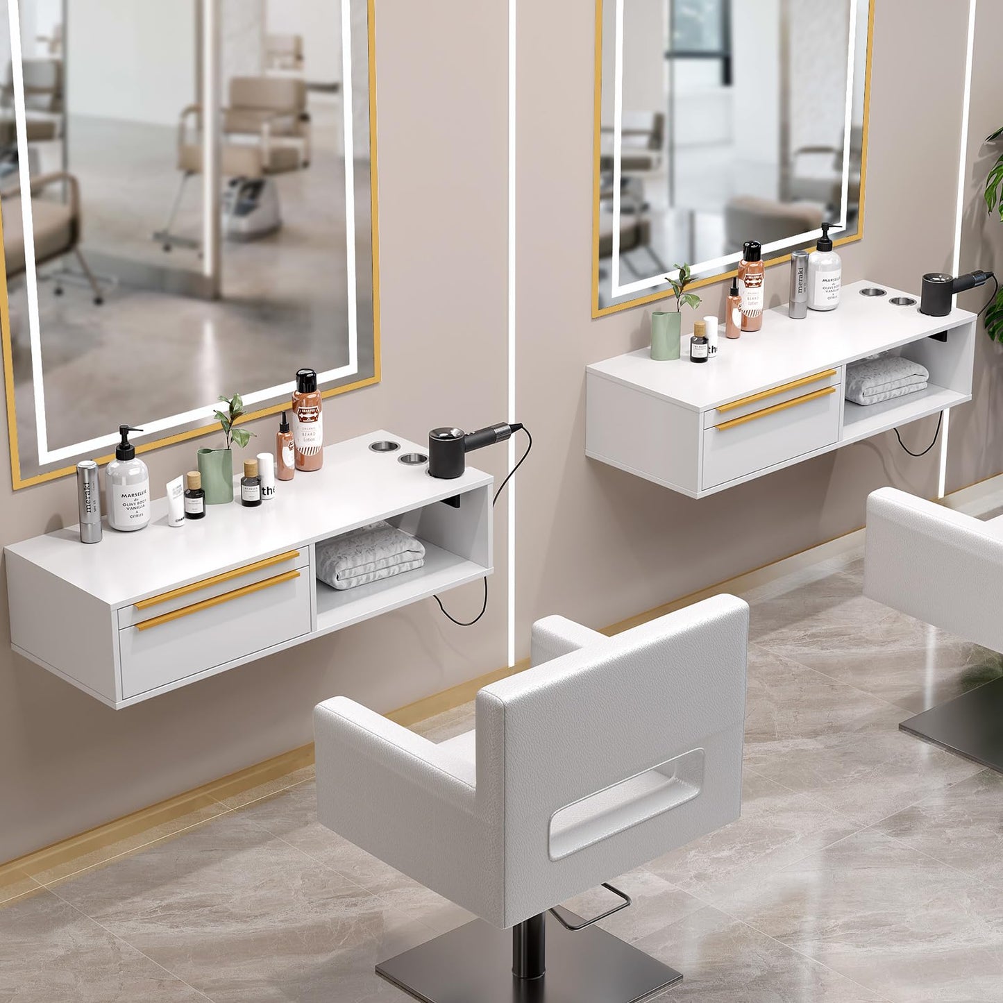 OmySalon Wall Mount Salon Station, Hair Stylist Cabinet with 3 Heat Resistant Dryer Holders, 2 Drawers & Open Shelf, Storage Organizer for Barbershop, Beauty SPA, Bathroom, White Gold