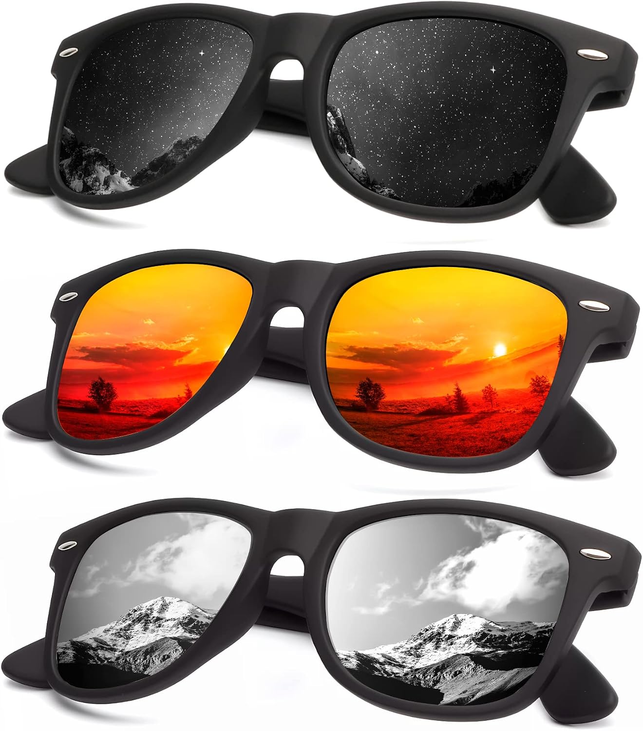 KALIYADI Polarized Sunglasses - Matte Finish, UV Blocking, Color Mirror Lenses | 3-Pack for Men & Women