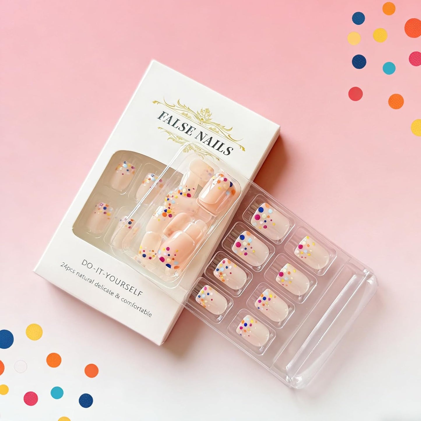 Colorful Polka Dot Press-On Nails - Short Square Acrylic Fake Nails | Glossy Full Cover, 24 Pcs