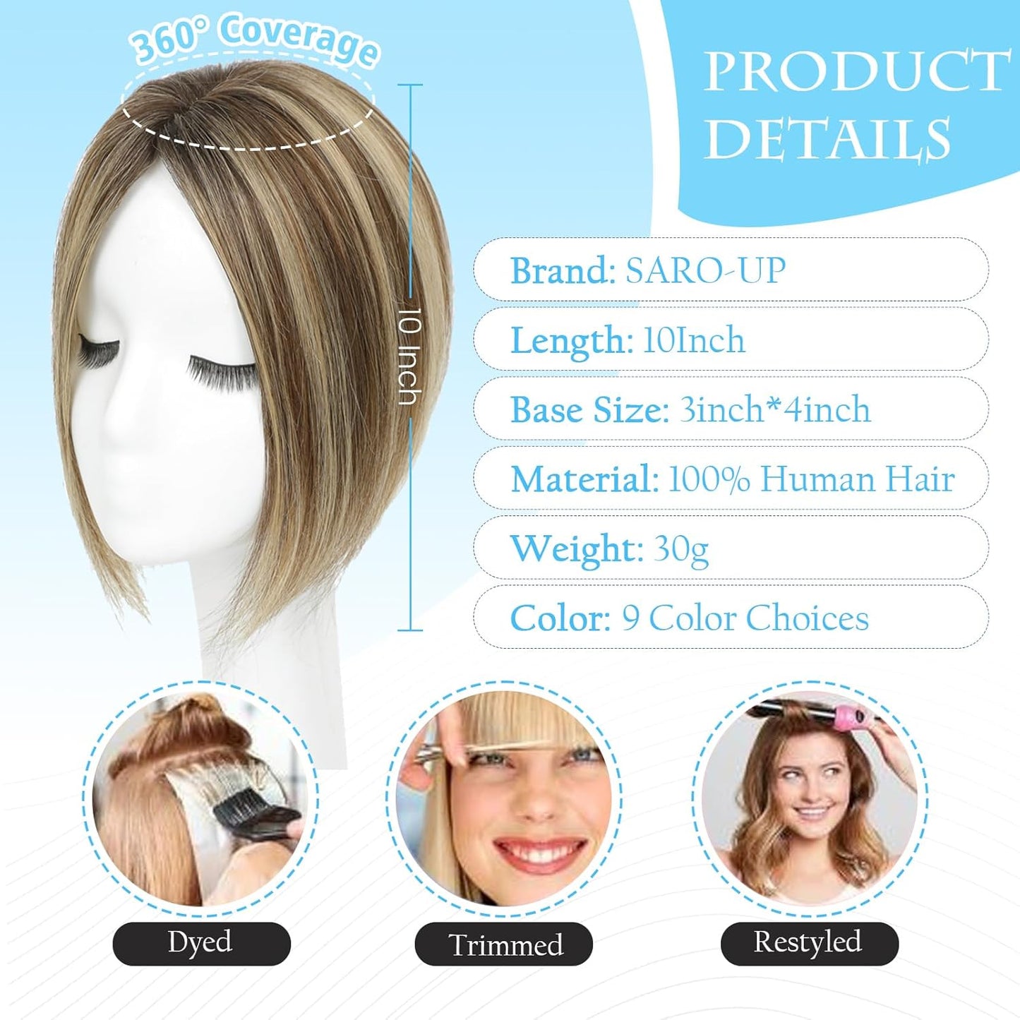 Human Hair Toppers for Women | Real Hand-Tied Swiss Base Hairpieces for Thinning Hair - 10 Inch, 30g, No Bangs