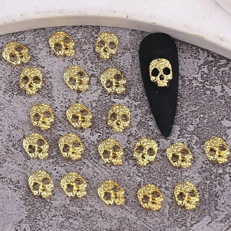 Gold Skull Halloween Nail Charms - 20pcs 3D Skeleton Head Gems for Acrylic Nails (JUNCHAO)