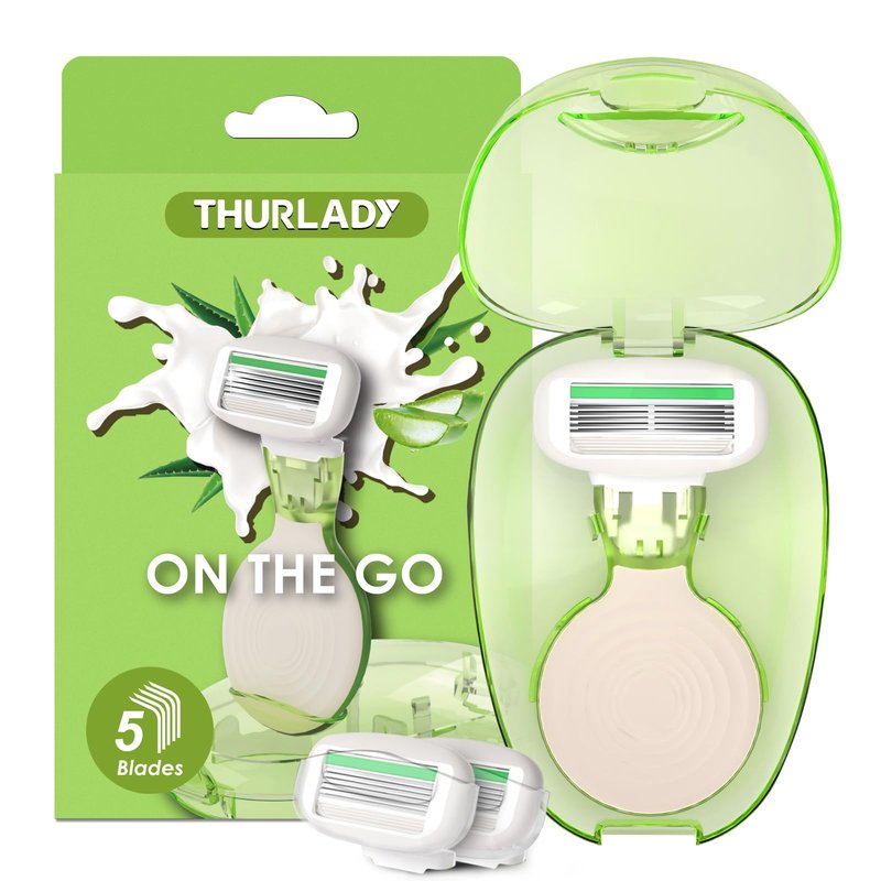 THURLADY Travel Essentials Razors for Women, 5-Blade Womens Razors for Shaving, Travel Size Toiletries Women Razor Kit, Includes 1 Mini Handle with 3 Refills & 1 Case, Extra Smooth Shave (Grass Green)
