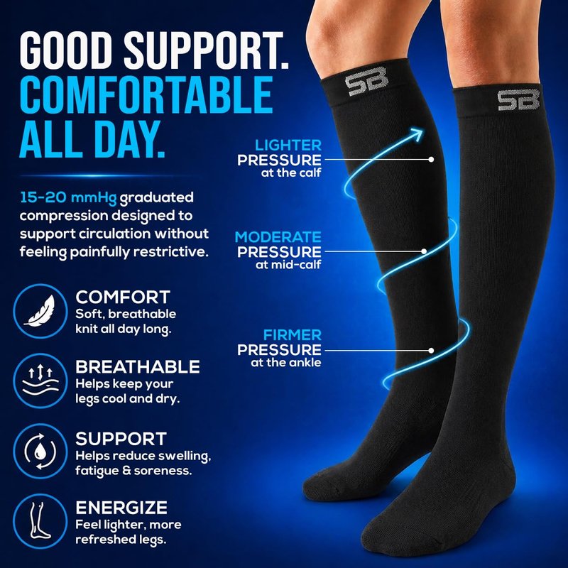 SB SOX 3-Pair Compression Socks for Men & Women (15-20mmHg) – Best Compression Socks for Flying, Medical, Sports, Wide Calf Fit, Skiing, and Daily Wear (L/XL, 01 – Solid Black)