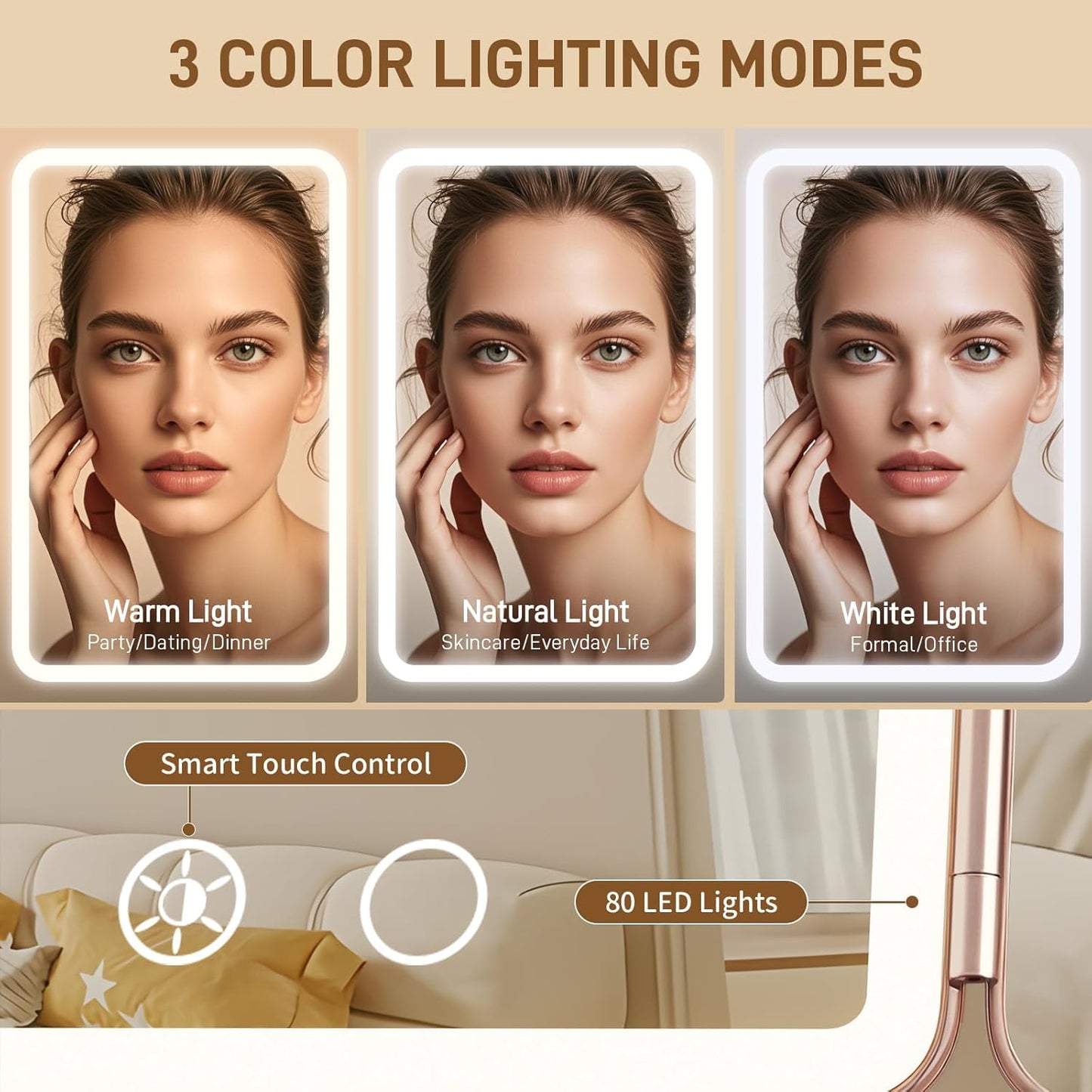 Lighted Makeup Mirror - 1X/3X/5X Magnification, Elegant Rose Gold Trifold Vanity Mirror with Smart Touch & 3 Lighting Modes | Portable Rechargeable Design