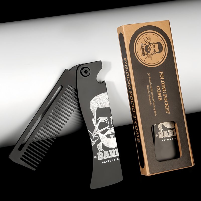 Men's Metal Folding Pocket Beard & Mustache Comb, EDC Knife Comb with Bottle Opener for Outdool Travel - Anti-Static for Hair Styling Pompadour, Slicked-back, Fauxhawk, Undercut - Black