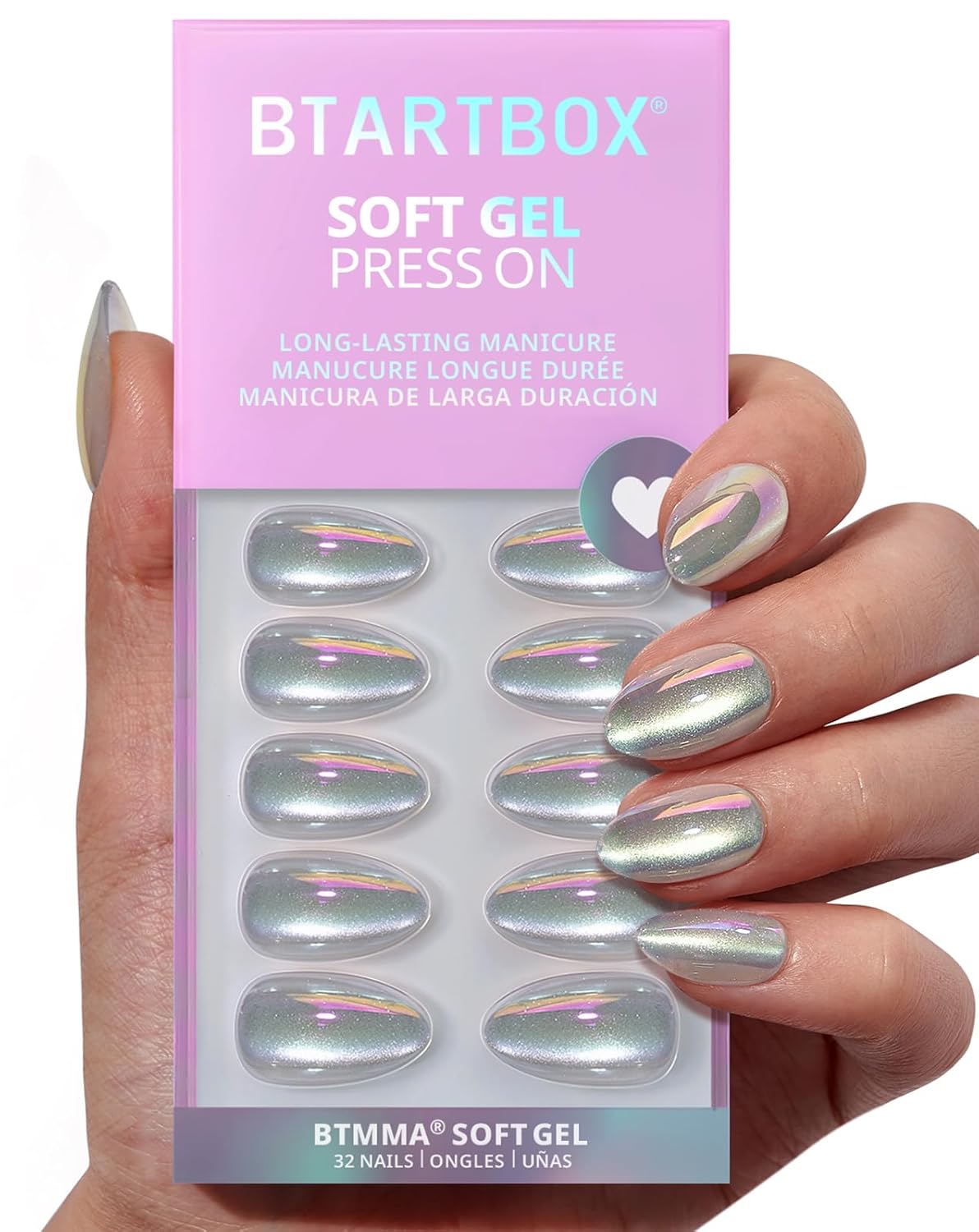 Press On Nails - Chrome Cat Eye Almond Design | 32 Piece Soft Gel Nail Kit in 16 Sizes
