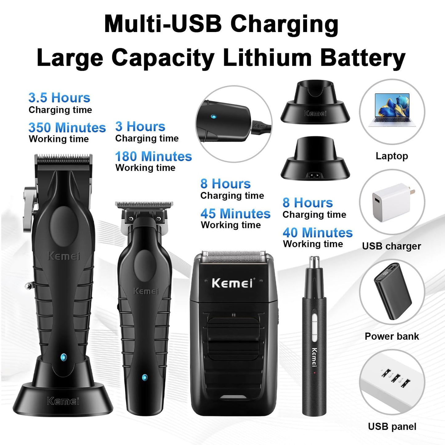 KEMEI Professional Hair Clippers for Men, Cordless Barber Clipper Beard Trimmer Foil Shaver Nose Eyebrow Ear Trimmer Set, USB Charging Complete Electric Hair Cutting Kit with 11 Guide Combs