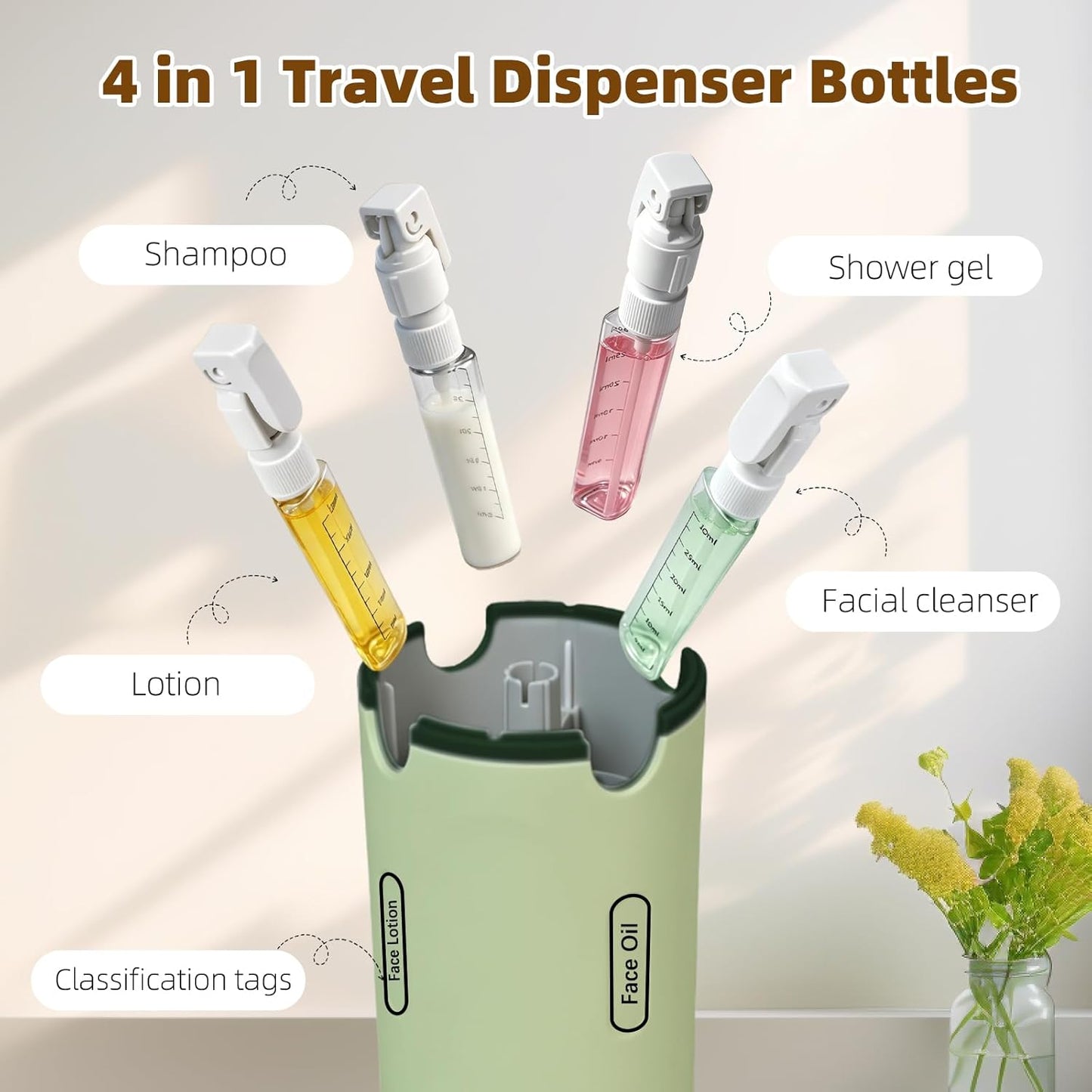 Travel Dispenser Bottle Set - 4 Pack 30ML Leak-Proof Toiletry Containers | Green