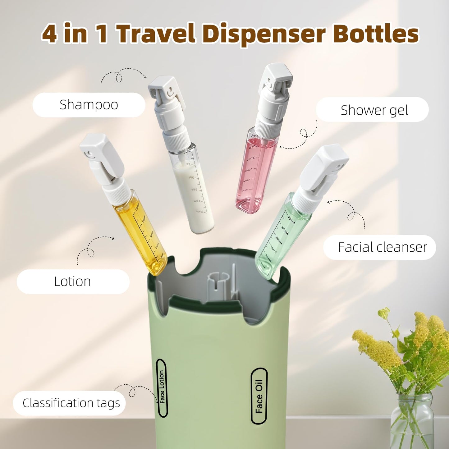 EASYFORALL 4 in 1 Travel Dispenser Bottle,4 Pack 30ML Travel Bottles for Toiletries, Leak Proof Travel Size Containers (Green)
