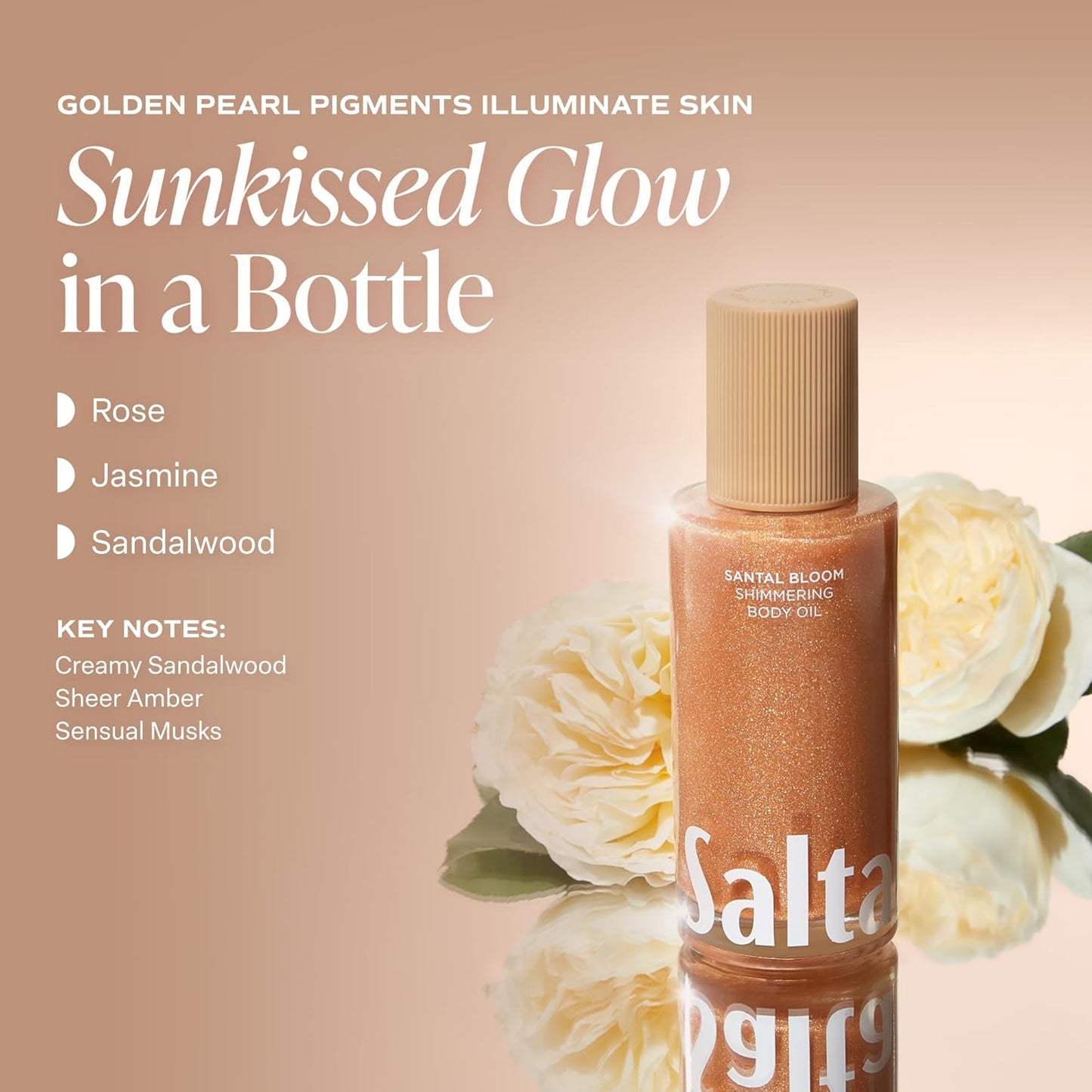 Shimmering Body Oil - Santal Bloom Scented Moisturizer with Light-Reflecting Pearls | 4 Fl Oz