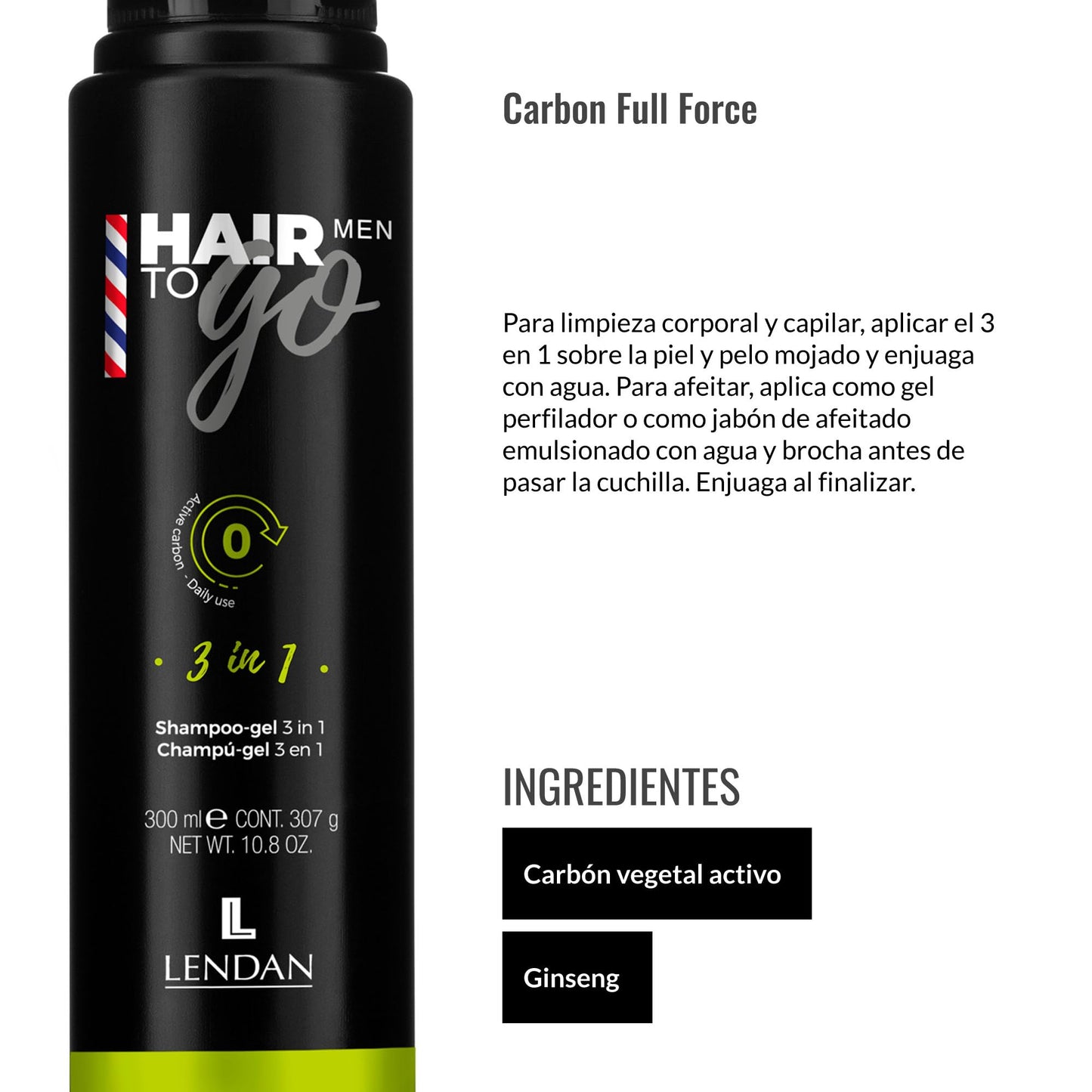 Lendan - 3-in-1 Shampoo-Gel - Hair To Go Men - 300 ml - Shower Gel, Shampoo, and Shaving Gel - Deep Cleansing - with Activated Charcoal and Ginseng - Removes Impurities - Hydrates Skin