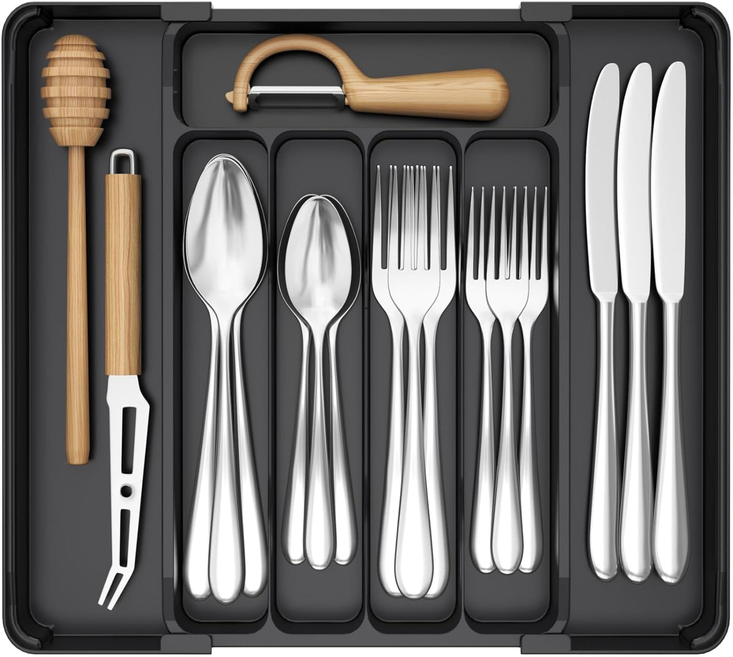Expandable Silverware Organizer - BPA-Free Plastic Utensil Tray for Kitchen Drawer | Space-Saving Cutlery Holder, Black, 8.5-14 x 12 x 1.5 Inch