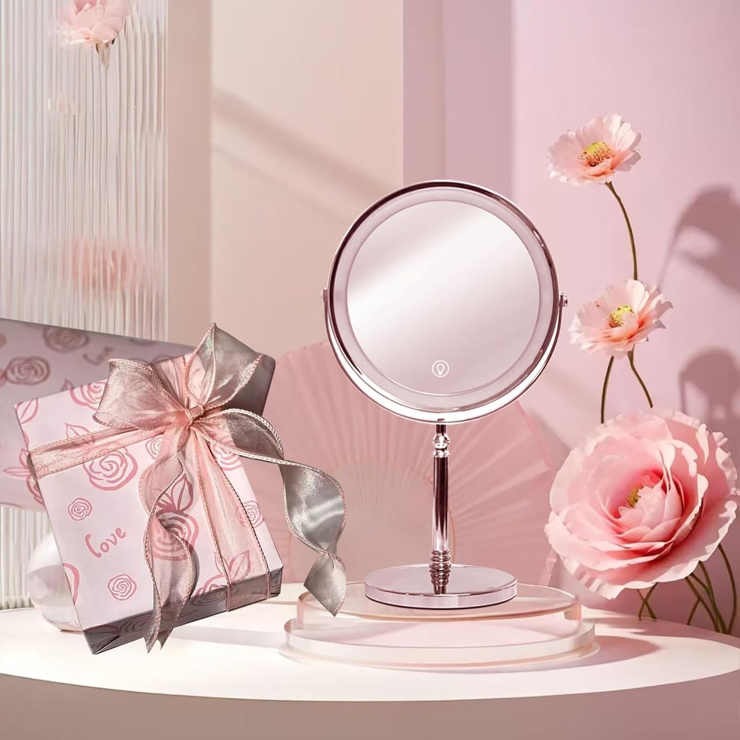 Makeup Mirror with Lights ，8 Inch 1X/10X Rechargeable Double Sided Magnifying, 360° Rotation LED HD Mirror with 3 Colors，Brightness Adjustable, Gifts for Women & Men