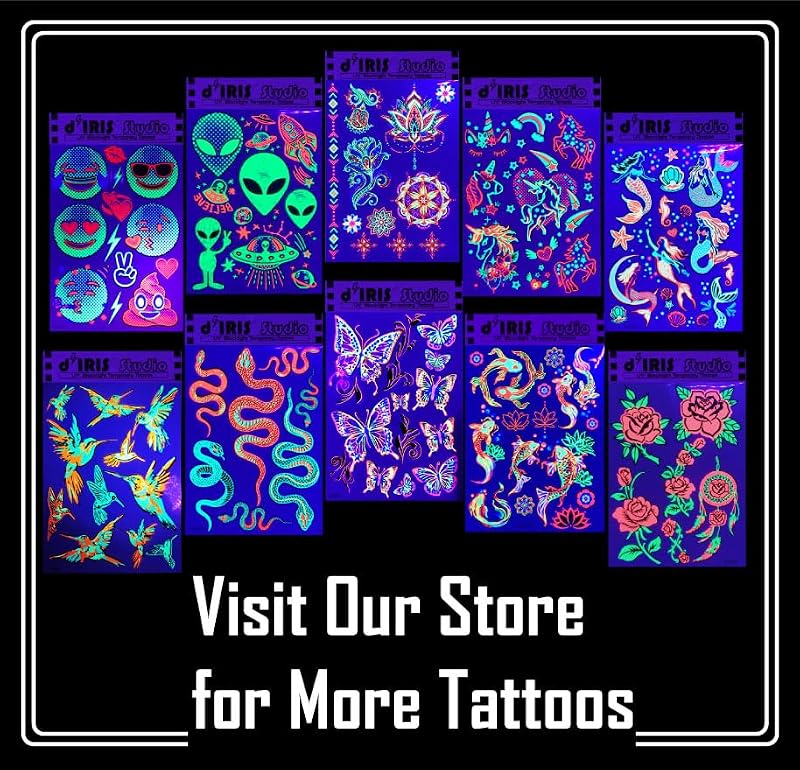 d'IRIS Studio Glow in the Dark Temporary Tattoos Butterfly Body Art for Raves & Festivals