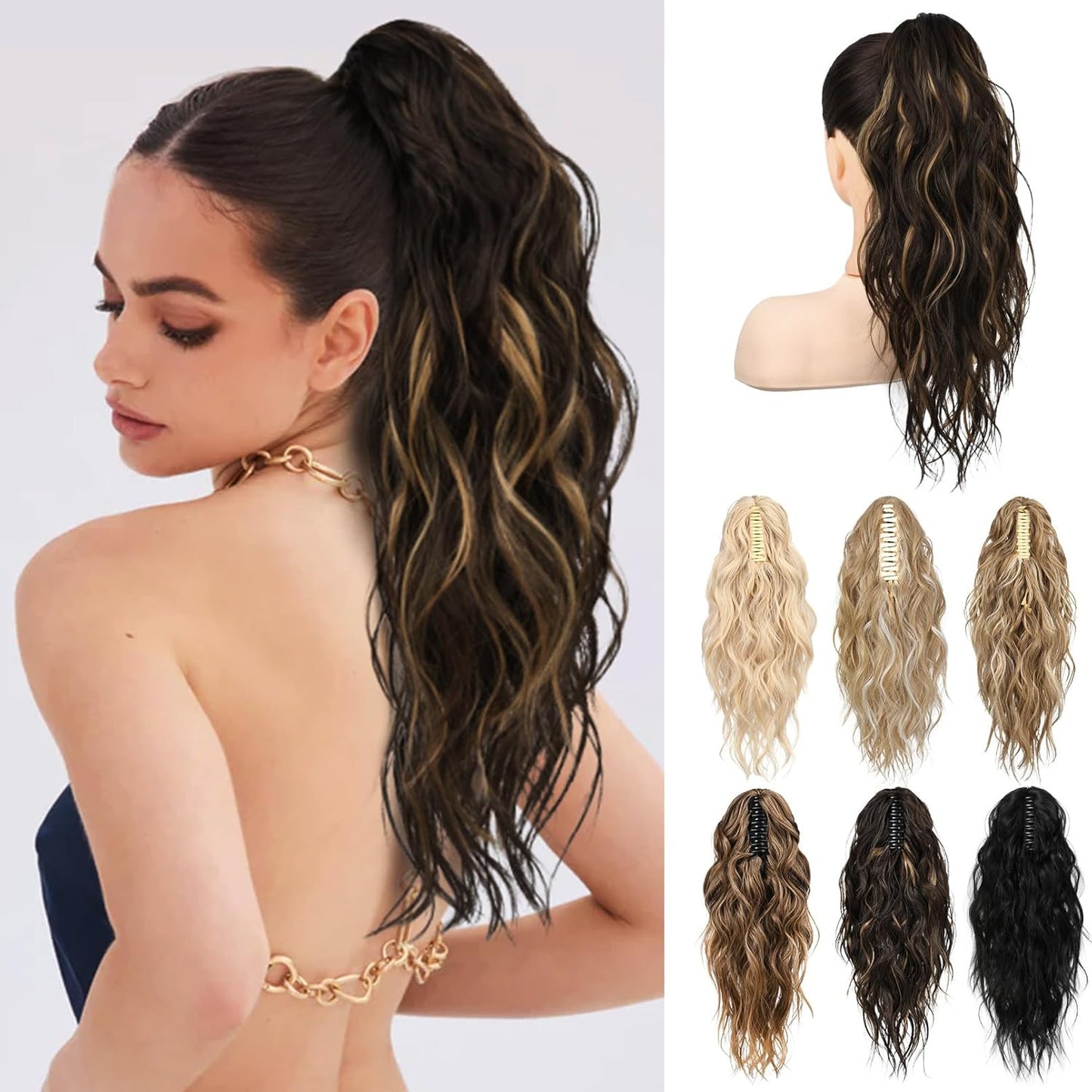 Ponytail Extension - 18" Wavy Claw Clip Hairpiece | Synthetic Curly Ponytail - Black Brown