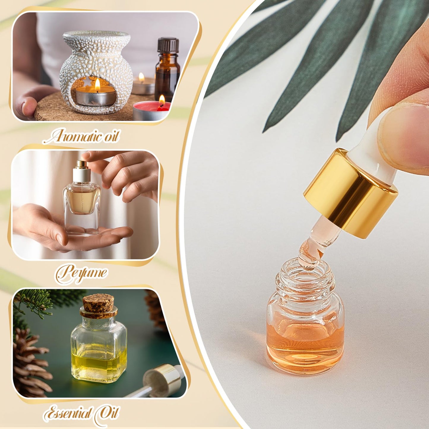 Didaey 12 Pcs 1/2/3/5/10/15 ml Mini Glass Oil Dropper Bottle Bulk, Clear Essential Small Empty Bottles Sample Containers Perfume Liquid Vials with Cap for Traveling (1 ml,Champagne Gold)