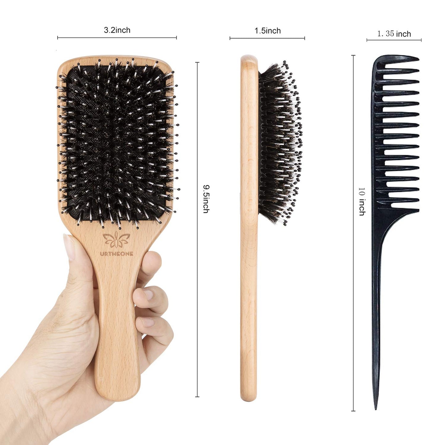 Boar Bristle Hair Brush - Paddle Brush for Thick, Curly & Thin Hair | Smooths & Adds Shine