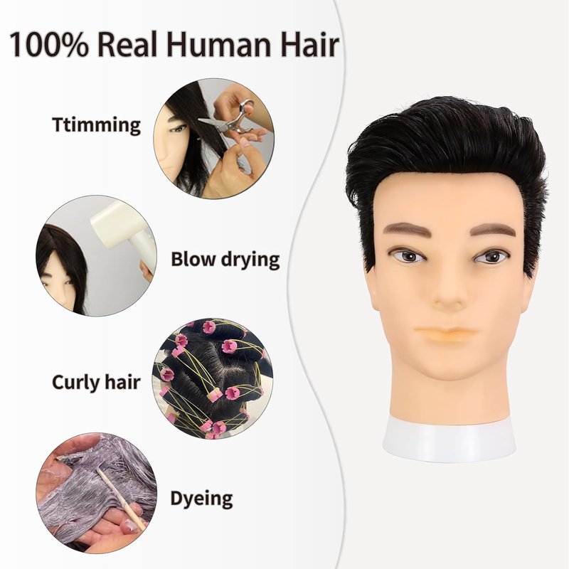 Realistic Male Mannequin Head - 10" Human Hair Training Manikin for Hair Cutting & Styling | Black